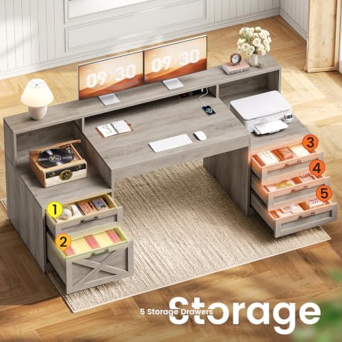 SEDETA 63" Executive Office Desk with 5 Drawers, Grey