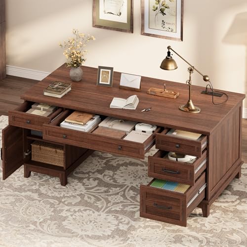 IDEALHOUSE 60" Farmhouse Wooden Home Office Executive Desk with Drawers