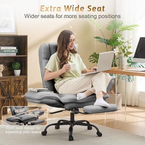 Wider Seat Office Chair with Flip Armrests for Criss Cross Legged&Cats, Big and Tall Executive Ergonomic Reclining Chair with Footrest&Lumbar Pillow, Teddy Fleece Desk Chair,Grey Vanity Chair