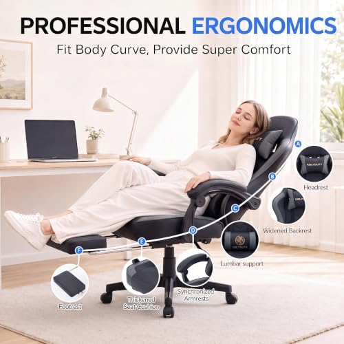 Desk Computer Gaming Chair - High Back Ergonomic Office Chair with Footrest and Lumbar Support, Swivel Comfy Home Gamer Video Game Chairs with Pocket Spring Cushion for Adults (Grey Leather)