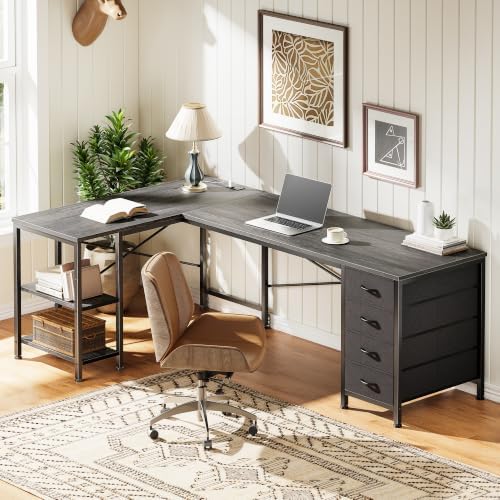Huuger 55 Inch L Shaped Desk with Fabric Drawers, Reversible Computer Gaming Desk with Power Outlets and USB-C Port, Adjustable Side Storage Shelves, for Work Study Corner Home Office, Grey,1CD078H
