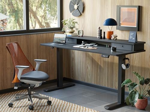 TIQLAB Standing Desk with Two Drawers, Stand Up Standing Desk Adjustable Height, Electric Sit Stand Table with Storage Shelf and Splice Board, 63 * 24 inch, Black