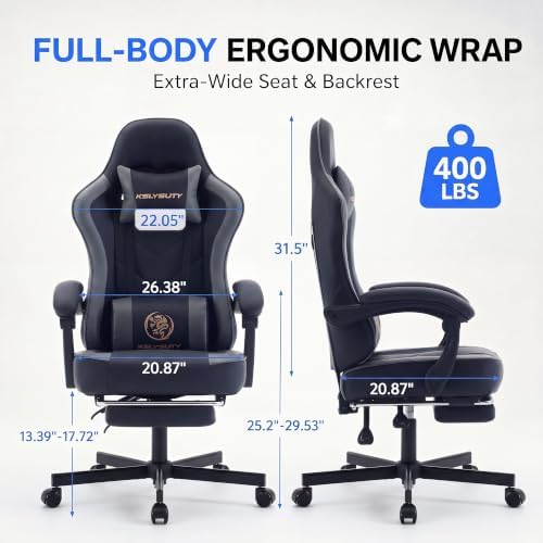 Desk Computer Gaming Chair - High Back Ergonomic Office Chair with Footrest and Lumbar Support, Swivel Comfy Home Gamer Video Game Chairs with Pocket Spring Cushion for Adults (Grey Leather)