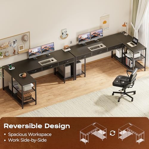PRAISUN 63 Inch L Shaped Office Desk with Power Outlets and Type-C Port, Large Computer Gaming Desk with 3 Fabric Drawers, Mesh Shelves, Corner Study Work Writing Desk, Black
