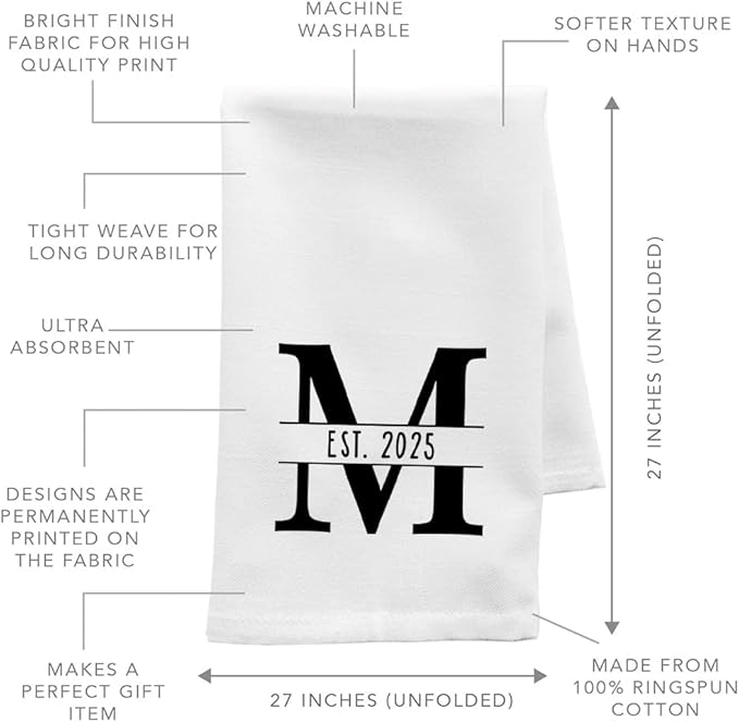 Andaz Press Personalized Kitchen Towel, Flour Sack Tea Towel, Monogram Initial EST. Year Custom Kitchen Gifts Birthday for Mom Daughter, Wedding Gifts Housewarming Gift for Couples