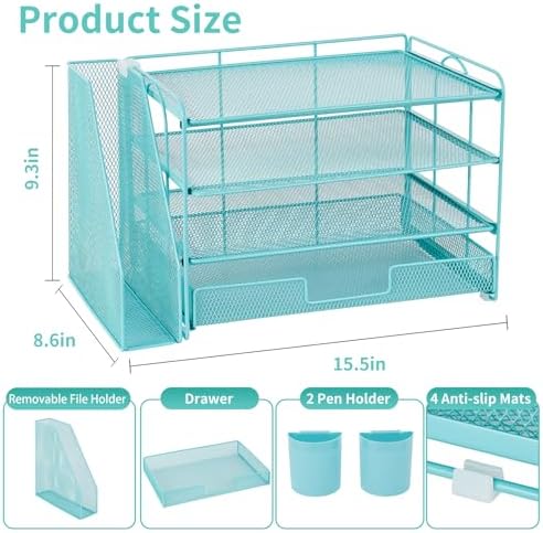 OPNICE Desk Organizer, 4-Tier Desktop File Organizer with Drawer and Pen Holders, Office Desk Accessories, File Sorters, Workspace Organizers for Office Supplies(Teal Blue)