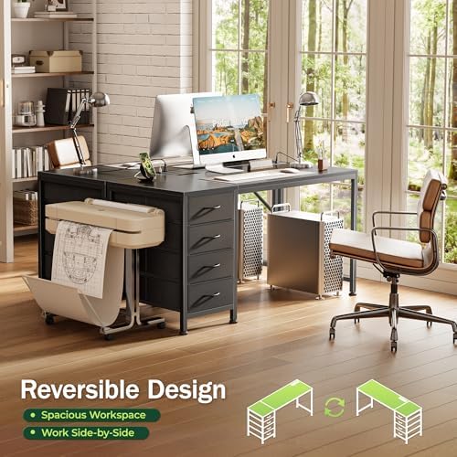 PRAISUN 47.2Inch Computer Office Desk with Power Outelts and USB-C Port, Reversible Gaming Desk with 4 Fabric Drawers, Work Study Desk Work from Home, Black