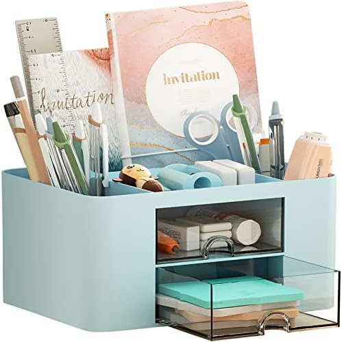 Marbrasse Pen Organizer with 2 Drawer, Multi-Functional Pencil Holder for Desk, Desk Organizers and Accessories with 5 Compartments + Drawer for Office Art Supplies (Blue)