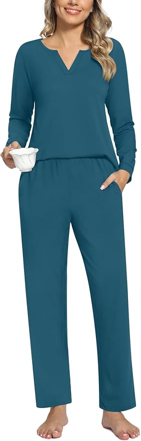 Anyally Women's Plus Size Pajama Sets Ladies Fall Pjs 2 Pieces Lounge Outfits V Neck Long Sleeves Sleepwear with Pockets