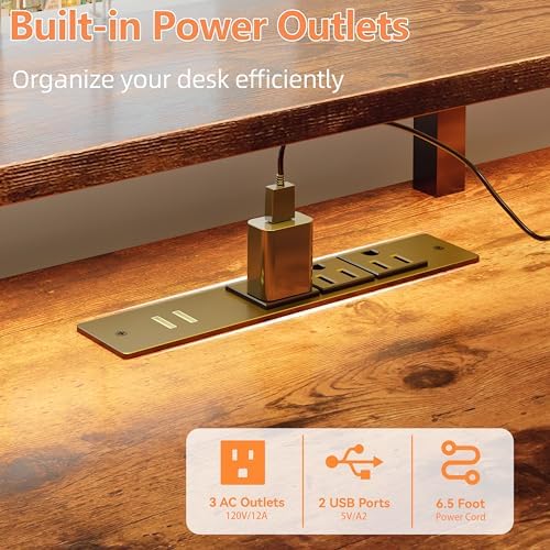 Furologee 51" Computer Desk with Outlets & LED, Desk with Drawers, Brown
