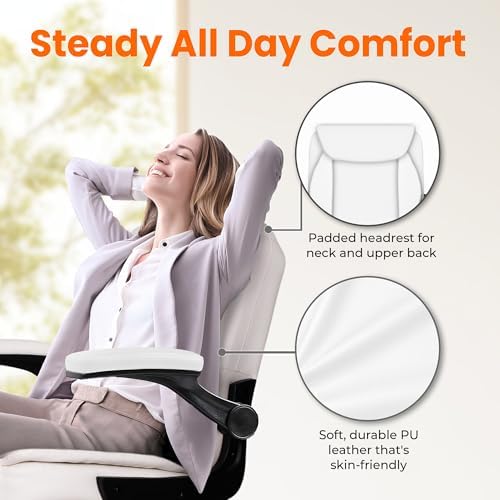 NEO CHAIR PU Leather Office Desk Chair with Adjustable Arms, White