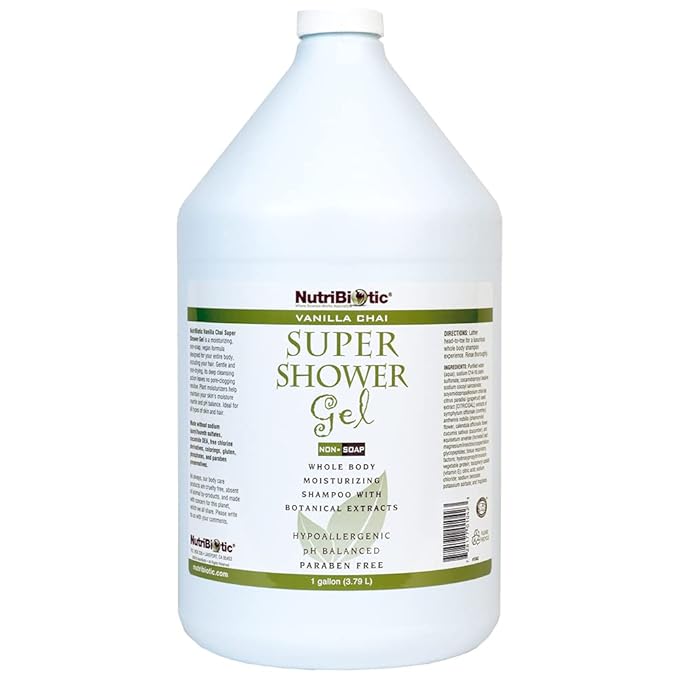 NutriBiotic – Vanilla Chai Super Shower Gel, 1 Gallon (128 Fl Oz) | Whole Body Shampoo with GSE & Botanical Extracts | pH Balanced, Non-Soap & Free of Gluten, Parabens, Sulfates, Dyes & Colorings