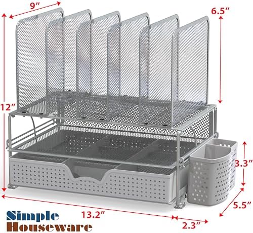 Simple Houseware Desk File Organizer for Office Supplies w/Drawer, Silver