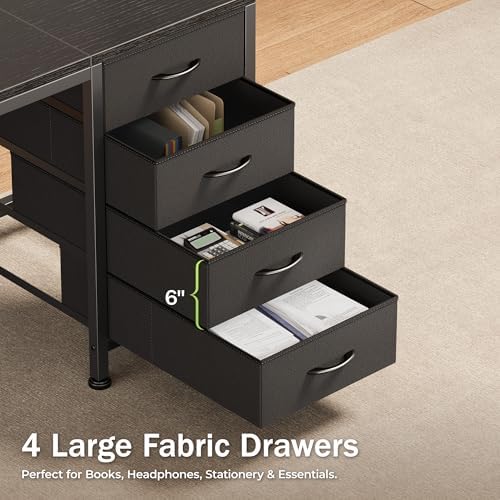 PRAISUN 39.4 Inch Computer Office Desk with Power Outelts and USB-C Port, Reversible Gaming Desk with 4 Fabric Drawers, Work Study Desk Work from Home, Black