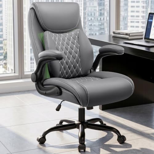 Office Chair, Ergonomic Executive Desk Chair with Lumbar Support for Lower Back Pain Relief, Padded Flip-Up Armrests, Leather Home Office Chair, Gray