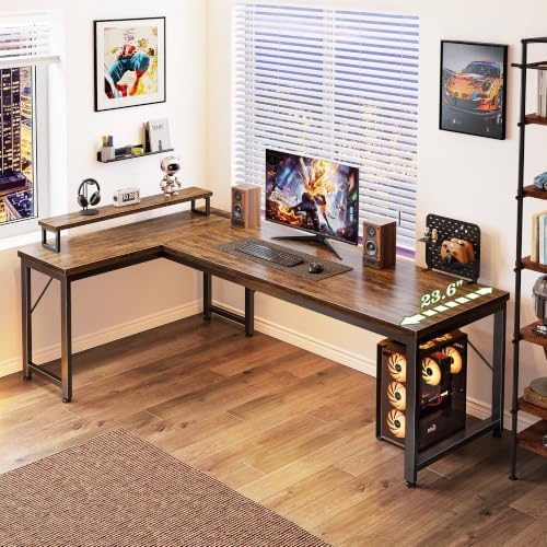 PRAISUN 61" L Shaped Computer Desk, Outlets, Monitor Stand, Rustic Brown