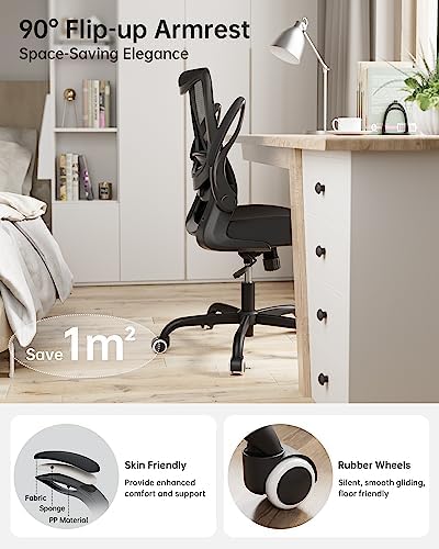 MUXX.STIL Office Chair, Ergonomic Desk Chair with Adjustable Lumbar Support and Flip up Armrest, Breathable Mesh Computer Chair for Home Office, Black