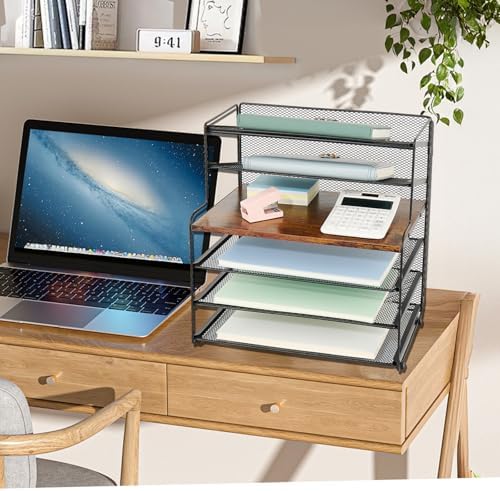 OPNICE Desk Organizer, 6-Tier Paper Organizer Letter Tray, Brown Wood