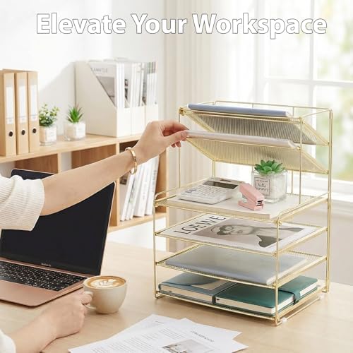 OPNICE Desk Organizer, 6-Tier Paper Organizer Letter Tray, Gold