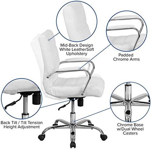 Flash Furniture Mid-Back White LeatherSoft Executive Swivel Office Chair with Chrome Base and Arms