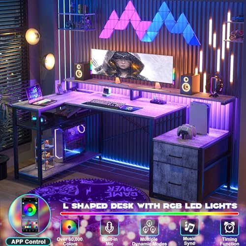 Aheaplus L Shaped Desk with File Drawer, Reversible L Shaped Gaming Desk