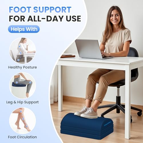TranquilRelax Foot Rest Under Desk, 3-Height Adjustable Foot Stool, Blue