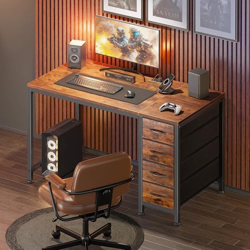 PRAISUN 39.4 Inch Computer Office Desk with Power Outelts and USB-C Port, Reversible Gaming Desk with 4 Fabric Drawers, Work Study Desk Work from Home, Rustic Brown
