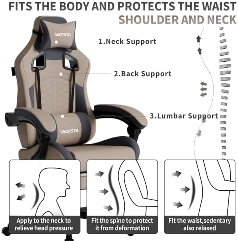 Gaming Chair with Massage,Ergonomic PC Gaming Chair with Footrest Comfortable Headrest and Lumbar Support, High Back, 300LBS (Grey)