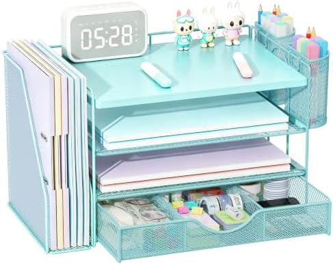 gianotter Wood Desk Organizers and Accessories with File Holder, 4-Tier Desk Accessories & Workspace Organizers with Drawer and 2 Pen Holder, Desk Reference Organizer (Blue, 4T with Metal Drawer)