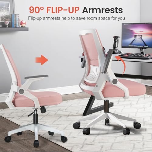 GTPLAYER Ergonomic Office Chair with Flip-up Armrests Executive Computer Chair for Home Office, Breathable Mesh & Comfy Lumbar Support, Pink