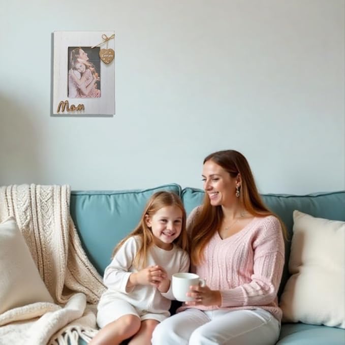 Mom Picture Frame,I Love You Mom Photo Frame with Heart,Mother's Day Gift,Gift for Mother or Stepmother from Daughter and Sun, Wooden Frame 4x6 Vertical