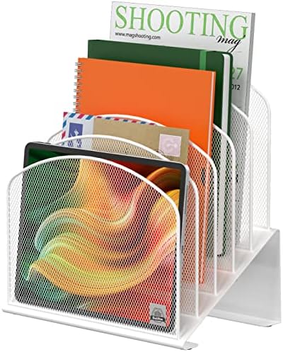Delifox Inclined Desk File Organizer,Vertical File Folder Holder Stand Metal Rack File Sorter for Office Classroom Desktop Organization (1, White, 5)