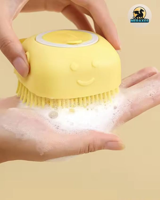 MERAXES Pet Grooming Bath Brush with Soap Dispenser – Soft Silicone Massage Bristles for Dogs & Cats, Gentle Deshedding & Deep Cleaning for Long or Short Hair – Yellow