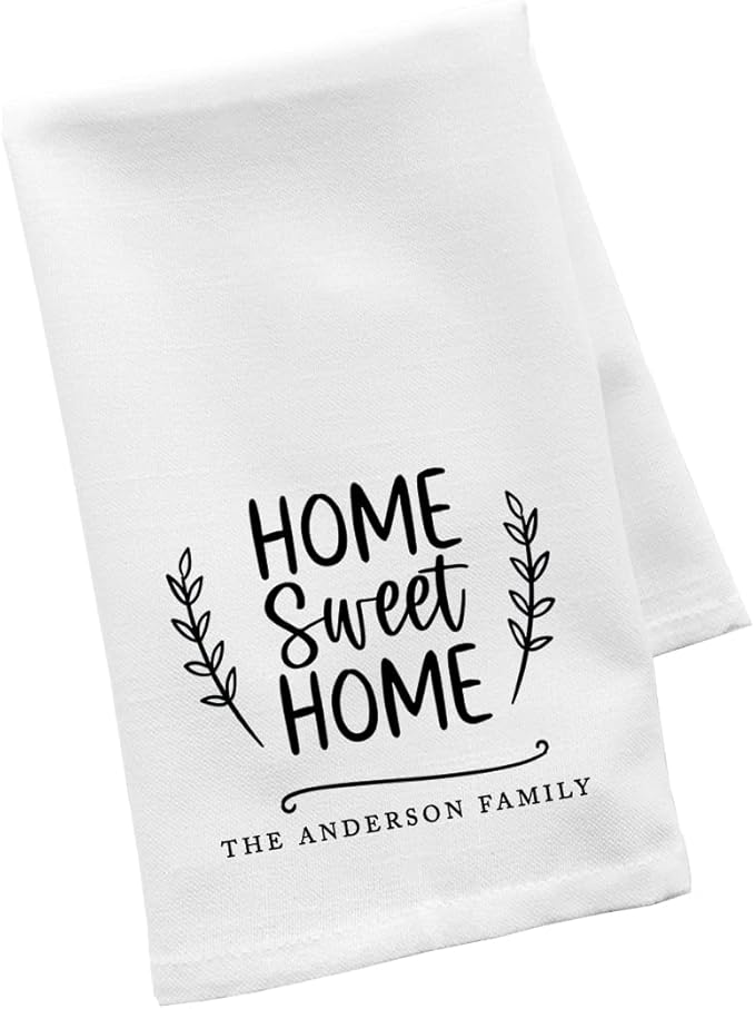 Andaz Press Personalized Kitchen Towel, Flour Sack Tea Towel, Home Sweet Home Custom Family Name Kitchen Gifts Birthday for Mom Daughter Grandma, Housewarming Gift for Couples