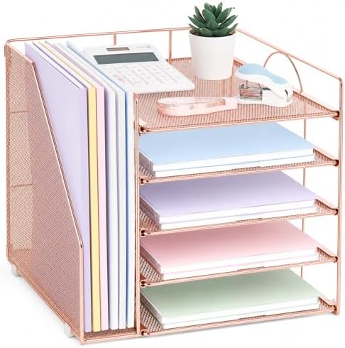 LEKETREE Desk Organizers and Accessories, 5-Tier Paper Letter Tray Organizer with File Holder, Desktop Organizer for Office Supplies (Rose Gold)