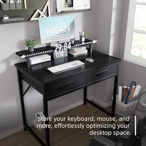 Pamray 32 Inch Small Computer Desk with Monitor Stand and 2 Drawers
