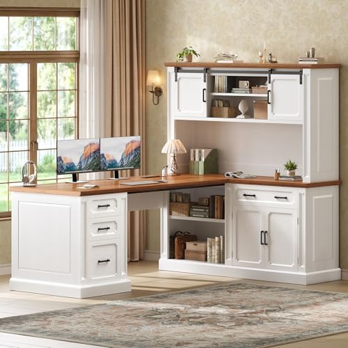SEDETA 67" Farmhouse Executive L Shaped Desk with Hutch & Storage