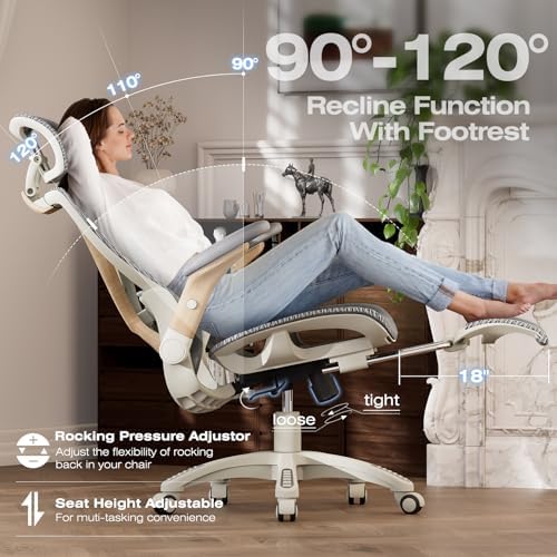 ELABEST X100 Ergonomic Mesh Office Chair with Footrest, Big and Tall Home Desk Chair with 5D Flip-Up Arms, Adjustable 3D Lumbar Support, Gaming & Executive Computer Chair (Foggy Morning)