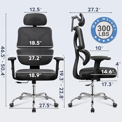 DEVAISE Office Chair Big and Tall Reclining Ergonomic Desk Chair for Long Hours, Comfy Breathable Mesh, Adjustable Armrests with Lumbar Support, Black