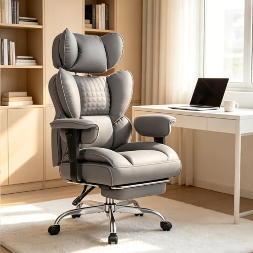 Big and Tall Office Chair 350 LBS, Scratch-Resistant PU Leather Executive Office Desk Chair with Footrest, Ergonomic Reclining Computer Chair with Pocket Spring Support for Home Office, Grey