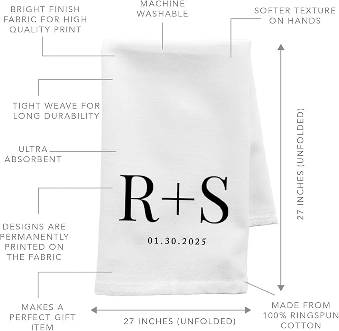 Andaz Press Personalized Kitchen Towel, Flour Sack Tea Towel Couples Monogram with Year Custom Kitchen Gifts Bridal Shower Wedding Gift Housewarming Gift for Couples Hand Towel Farmhouse Kitchen Decor