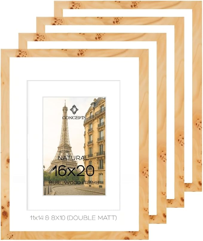 Concepts Set Of 4-16x20 Matted to 11x14 and 8x10 Burl Wood Picture Frames - Natural Wood Finish Picture Frames for Family Photos - Elegant Wallhung Decor in Bulk
