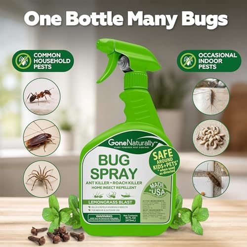 Lemongrass Bug Spray – Outdoor Patio & Backyard Bug Spray for Home, Kills & Repels Ants, Roaches, Spiders & More – Safe Around Kids & Pets – Natural Indoor Insect Repellent Spray (16oz)