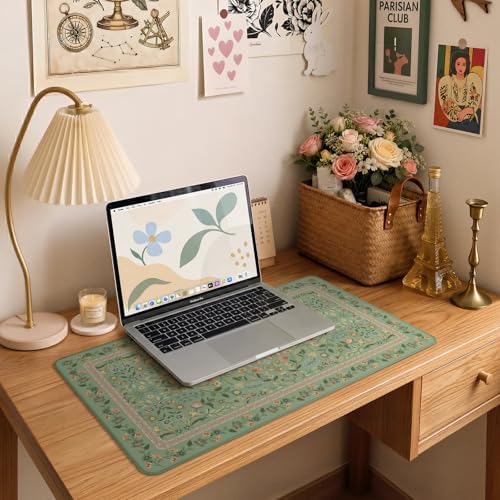 iCasso Aesthetic Flower Mouse Pad,23.6x13.7in Desk Pad, Light Green