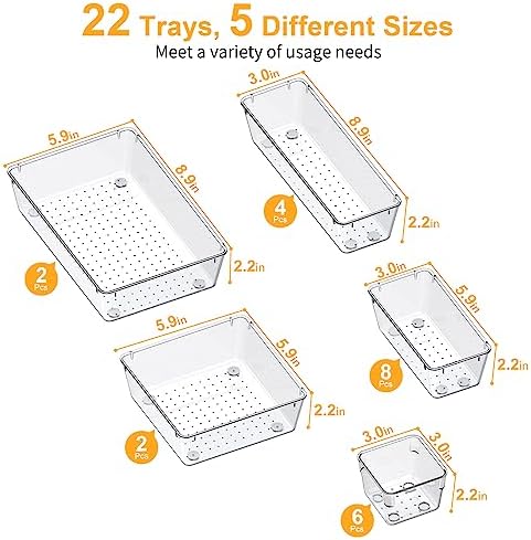 SMARTAKE 22-Piece Drawer Organizer with Non-Slip Silicone Pads, 5-Size