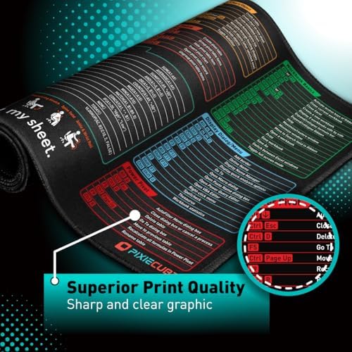 Pixiecube Excel Shortcut Keys Mouse Pad - Extended Large XXL Cheat Sheet Gaming Mousepad | PC Office Spreadsheet Keyboard Mat | Non-Slip Stitched Edge