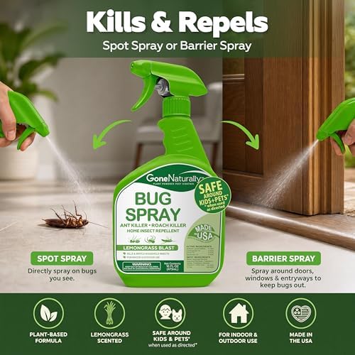 Lemongrass Bug Spray – Outdoor Patio & Backyard Bug Spray for Home, Kills & Repels Ants, Roaches, Spiders & More – Safe Around Kids & Pets – Natural Indoor Insect Repellent Spray (16oz)