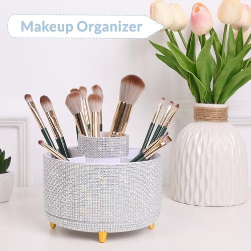 SKYDUE 360 Degree Rotating Desk Organizer, Shining Dual-Purpose Rhinestone Pencil Pen Holder, Rotating Desk Pen Organizer with 5 Slots, Rhinestone Pencil Cup for Office, School, Home