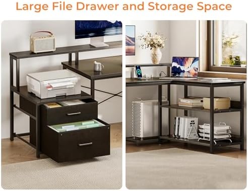 ODK 75" L Shaped Desk with File Drawers, Work from Home Office Desk with Power Outlet, Reversible Computer Desk with Storage Shelves, Gaming Desk with Monitor Shelf, Corner WFM Table, Black