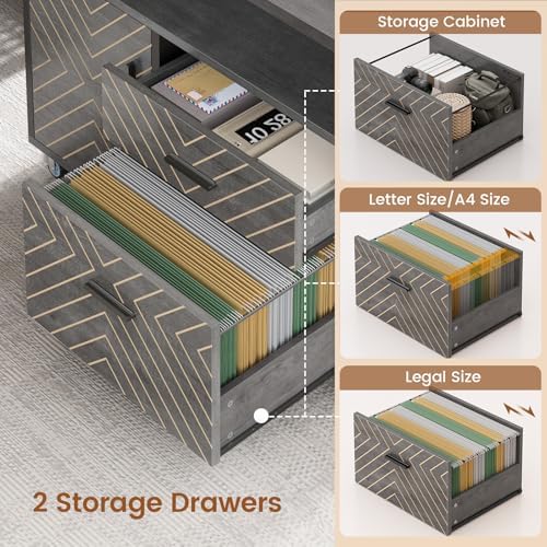 SEDETA 71" Executive Desk with Rolling File Cabinet, Large Office Desk with Drawers, L Shaped Computer Desk with Power Outlets, CPU Stand, Pegboard and Storage Shelves, Gray
